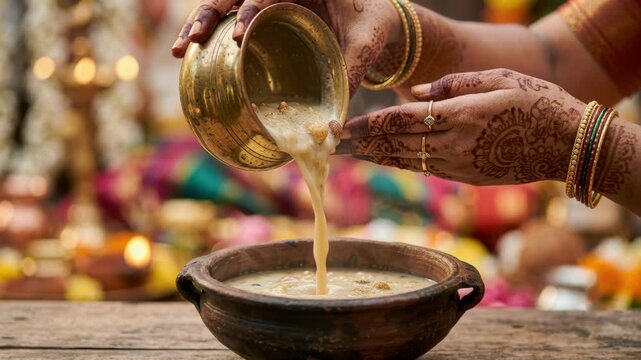 Hands pouring warm curry from a brass vessel into a bowl during onam sadya preparation, kerala harvest festival, south indian food culture, family gathering meal, festive vegetarian dishes
