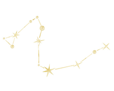 Draco watercolor constellation illustration on isolated background. Golden dragon star map for astronomy, mythology, nursery decor, celestial collections and fantasy designs.