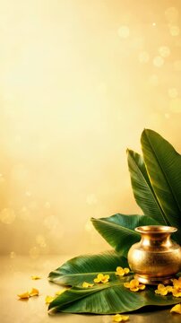 Green banana leaves beside a polished brass vessel on a softly glowing golden background copy space