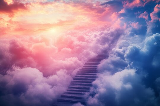 Dreamlike stairway to heaven through vibrant sunset clouds