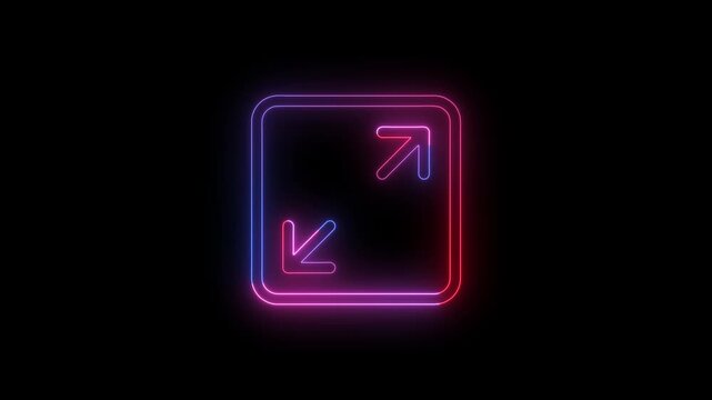 Glowing neon expand and resize icon featuring diagonal arrows pointing outward inside a rounded square frame on a dark background. Suitable for fullscreen, zoom, scaling, resizing, interface, digital 