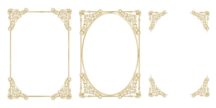 Ornate wrought frame watercolor set. Collection of decorative vintage golden Borders isolated on background. Templates for invitations, certificates and stationery. Background for greeting cards.