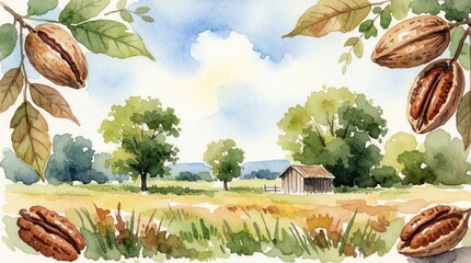 Naklejka premium Watercolor art shows pecan nut tree landscape. Rural farmhouse sits in green field under blue sky with clouds. Branches with brown nuts, leaves frame view. Autumn nature scene with organic food