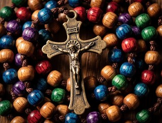 Naklejka premium Colorful wooden rosary beads and crucifix lie on table surface. Prayer accessory with Jesus Christ on cross. Catholic meditation tool for spiritual practice, faith.
