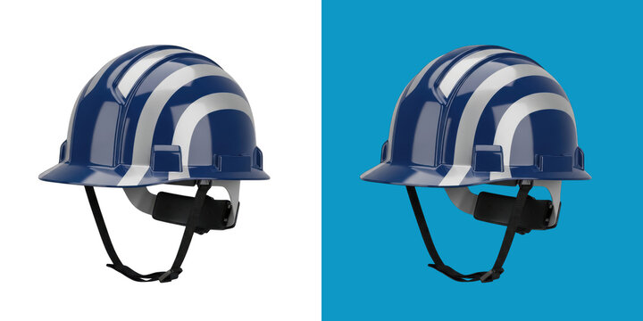 Two blue and white striped diving helmets side by side