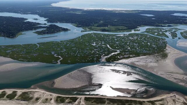 A myriad of channels meander through an extensive, sunlit salt marsh on the coast of Cape Cod, MA. Marshes provide critical habitat for many birds, fish, and invertebrates to feed, mate, and nest.