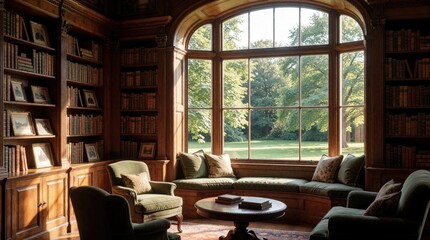 Fototapeta premium Sunlit library with wood bookshelves full of books and cozy green seating. Large arched window looks out onto rich green garden. Quiet room for reading contemplation.