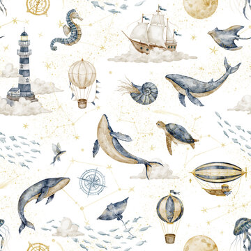 Whale in the sky seamless watercolor pattern with lighthouse and sailing ship isolated on background. Ocean repeat with hot air balloon, blimp and clouds for fabric, baby wallpaper, nursery textiles.
