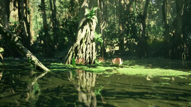 Mangled mangrove roots and mirrored water surface, still pond with lily pads and algae, calm habitat showcasing wetland ecology and reflective mood