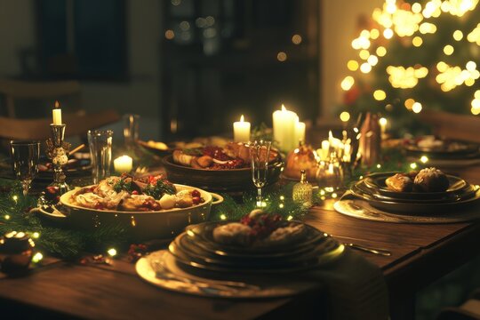 Festive christmas dinner table with candles and holiday decor