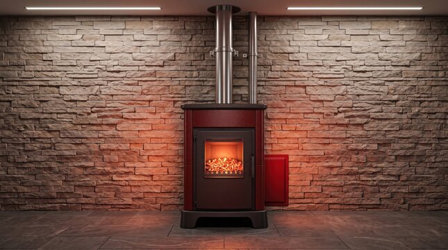 Modern pellet stove with burning fire against rustic stone wall in cozy interior