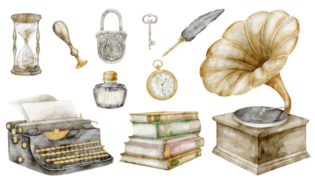 Vintage objects watercolor set. Antique items isolated on background. Illustration with gramophone, typewriter, quill pen and hand watch for journals, stationery and nostalgic designs.