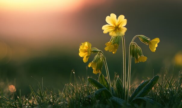 Spring flowers with dew and sunrise background