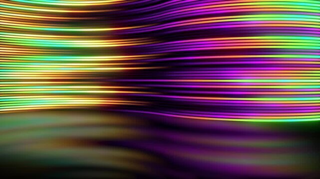 Glowing neon lines seamless loop. Curved wall of stripes in motion, abstract background with copy space. Technology theme.