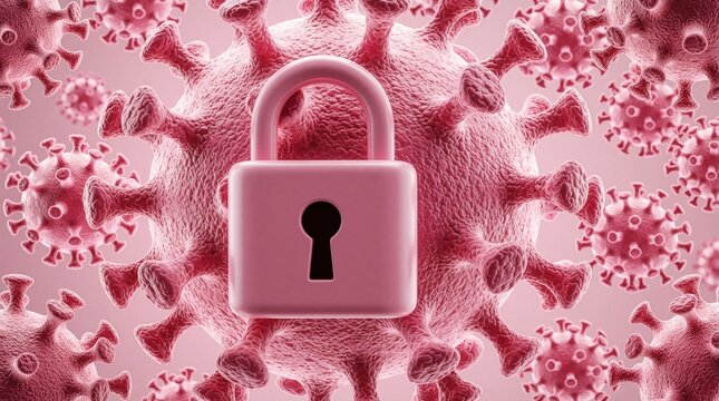 Pink padlock secures against pink virus particles. Concept of protection system against health threat. Safety measures implemented for biological hazard control.