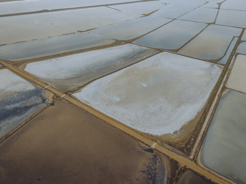 Aerial view of Le Salin de l'ile Saint-Martin de Gruissan featuring salt pans with varying water levels and colors separated by dirt paths in Gruissan, Occitanie, France.