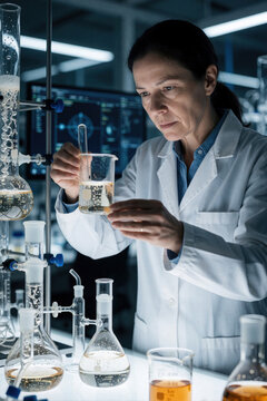 Researcher in laboratory, wearing lab coat, focused on mixing chemicals in beaker. Assorted glassware with various liquids present. Expertise, methodology in scientific investigation, data