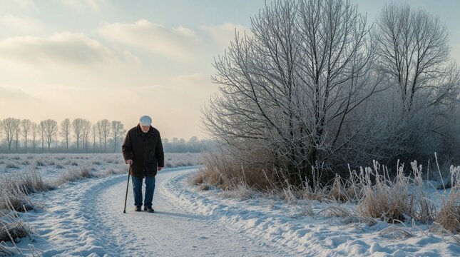 Elderly man walks with cane along snowy path in winter landscape. Senior male person uses walking stick for support hiking through frozen countryside. Cold weather outdoor scene with frost covered
