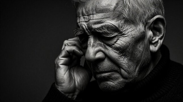 Elderly man with weathered face looks thoughtful touching ear. Old person with hearing loss sits in silence. Wrinkled face, sad expression, deep thought.