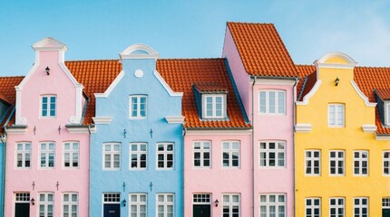 Fototapeta premium Colorful pastel townhouses line narrow street in European coastal city. Row of bright pink, blue, yellow houses with red tile roofs under clear sky. Charming urban architecture displays historic