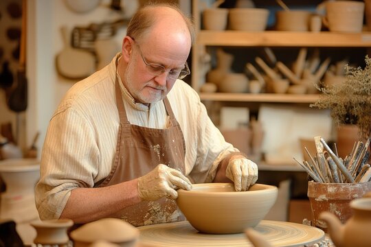 Elderly caucasian male artisan crafting pottery in studio