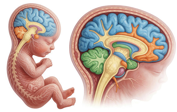Embryonic human fetus displays developing brain structure with primary vesicles. Neural tube and spinal cord form within fetus outline. Detailed cross-section shows brain anatomy.