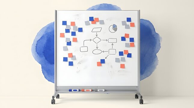 Mobile Whiteboard with Flowchart Diagram and Colorful Sticky Notes