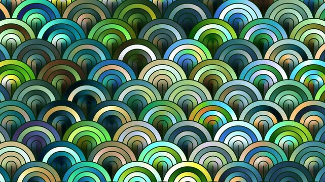 Japanese style abstract background loop, like fish scales or landscape. Concentric overlapping circles. Seigaiha or Blue Wave traditional pattern 