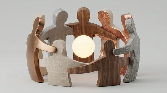 Wooden and metal figurines in a circle, diverse community figures holding hands, teamwork and unity concept with glowing light center
