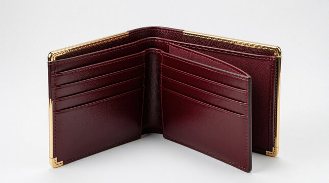 Open maroon leather wallet with gold metal edges on white background. Luxury men billfold shows empty card slots, compartments. Premium burgundy bifold accessory features elegant design, high quality