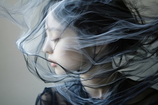 Ethereal portrait of young asian female in silken veil