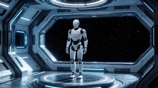 White humanoid robot stands on circular platform inside futuristic spaceship. Advanced android waits in sci-fi space station cabin with stars visible through window. Cybernetic machine explores deep