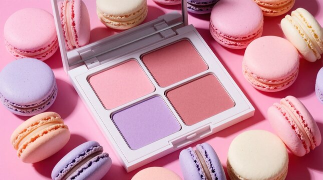 Pastel macarons in pink, lavender, beige, cream hues arrange around open blush palette on pink backdrop. Cosmetic shadows mirror macaron colors, blending beauty, dessert elements. Symmetrical flat