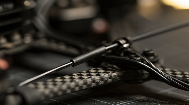 Extreme detail of radio receiver dipole antenna tube mounted along carbon fiber weave pattern. Hardware assembly and signal integrity check on custom quadcopter