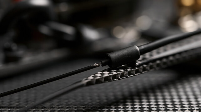 Macro view of FPV receiver dipole tube mounted on checkerboard carbon pattern with heat shrink protector. Professional drone building and RF hardware setup