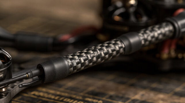 Macro shot of dipole receiver antenna mounted with heat shrink tubing on checkerboard carbon fiber drone arm. Precision RF wire routing during quadcopter assembly