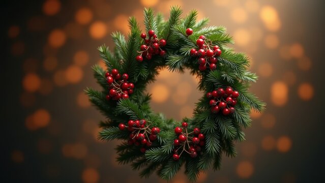 Wreath of pine and red berries rotating slowly against blurred bokeh background