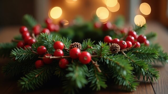 Wreath of pine and red berries rotating slowly against blurred bokeh background