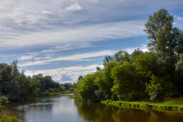 Obraz premium A picturesque summer landscape featuring a winding river flanked by dense green trees and lush foliage under a wide sky. The calm water reflects the vibrant riverside greenery