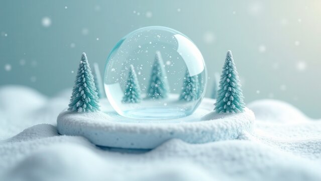 Isometric snow globe scene with miniature skating rink and pine trees, glossy 3D toy 