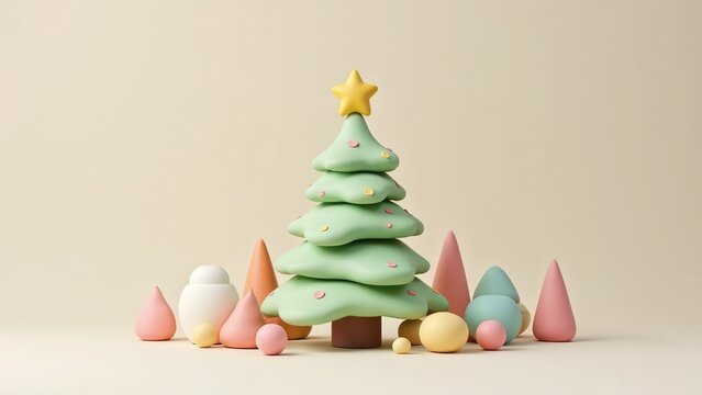 3D claymation style Christmas tree with rounded soft shapes, pastel colors