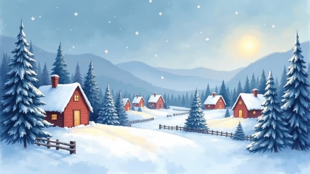 Soft painterly snowy village panorama with glowing cottage windows, pastel watercolor Christmas illustration