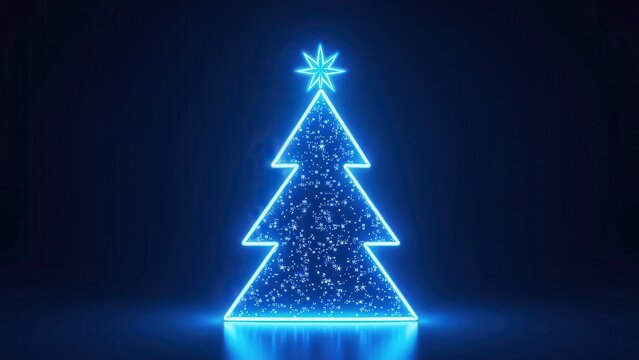 Neon geometric Christmas tree made of glowing light lines, dark cyberpunk background