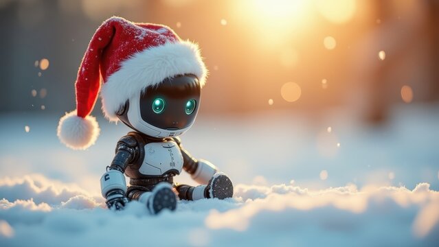 Cute small robot wearing Santa hat sitting in snow, warm winter sunset light, sharp focus, whimsical sci-fi