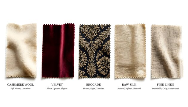 Luxury Fabric Swatches with Descriptions Isolated on White Background
