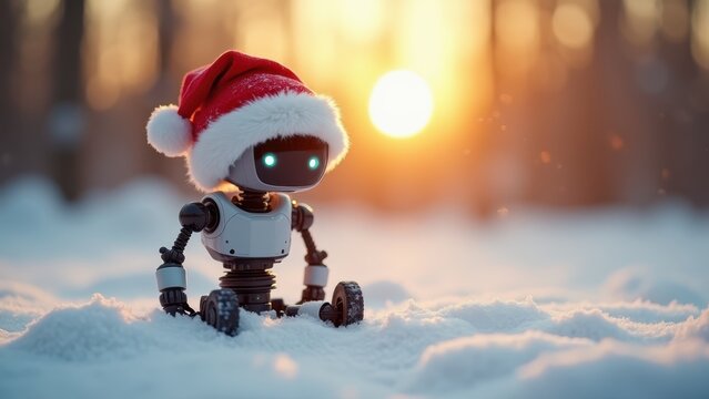 Cute small robot wearing Santa hat sitting in snow, warm winter sunset light, sharp focus, whimsical sci-fi