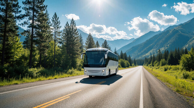 White tourist coach bus drives along empty mountain highway. Large passenger vehicle travels through pine forest landscape under bright sunny sky. Scenic road trip journey with high mountains, green