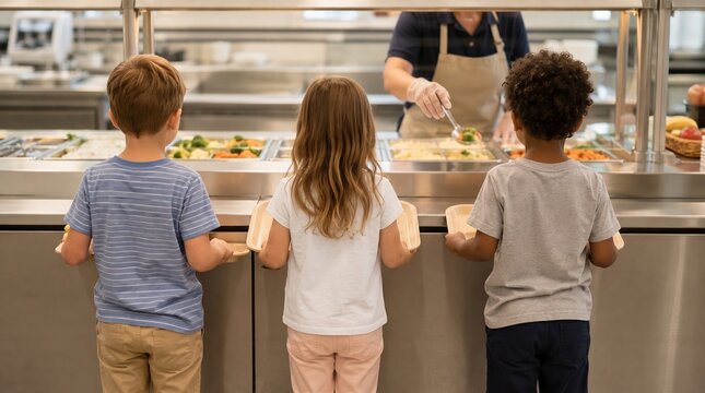 Elementary School Students Waiting in Cafeteria Lunch Line for School Meal
