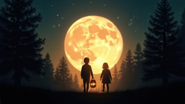 Silhouettes of children with lantern walking toward giant glowing moon and pine trees