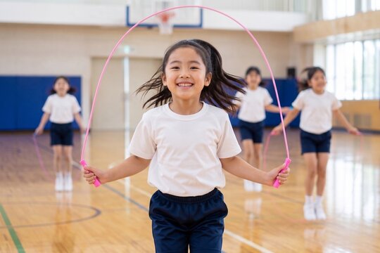  Smiling Asian schoolgirl jumping rope during a fun gym class in the school gymnasium. Active diverse children exercising in indoor physical education PE lesson.
